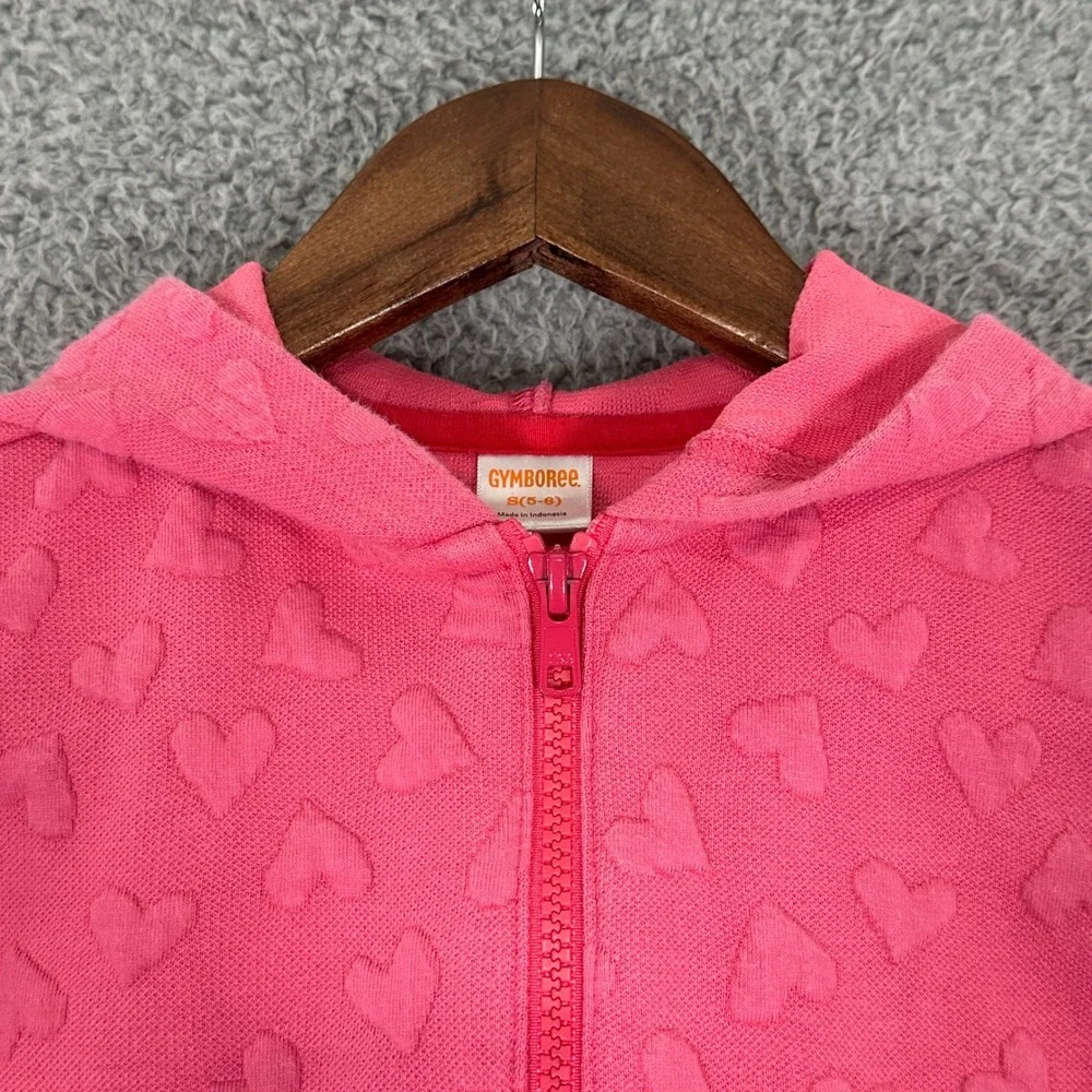 Gymboree Hoodie Kids S 5-6 Pink Embossed Heart Full Zip Puff Shoulder Excellent